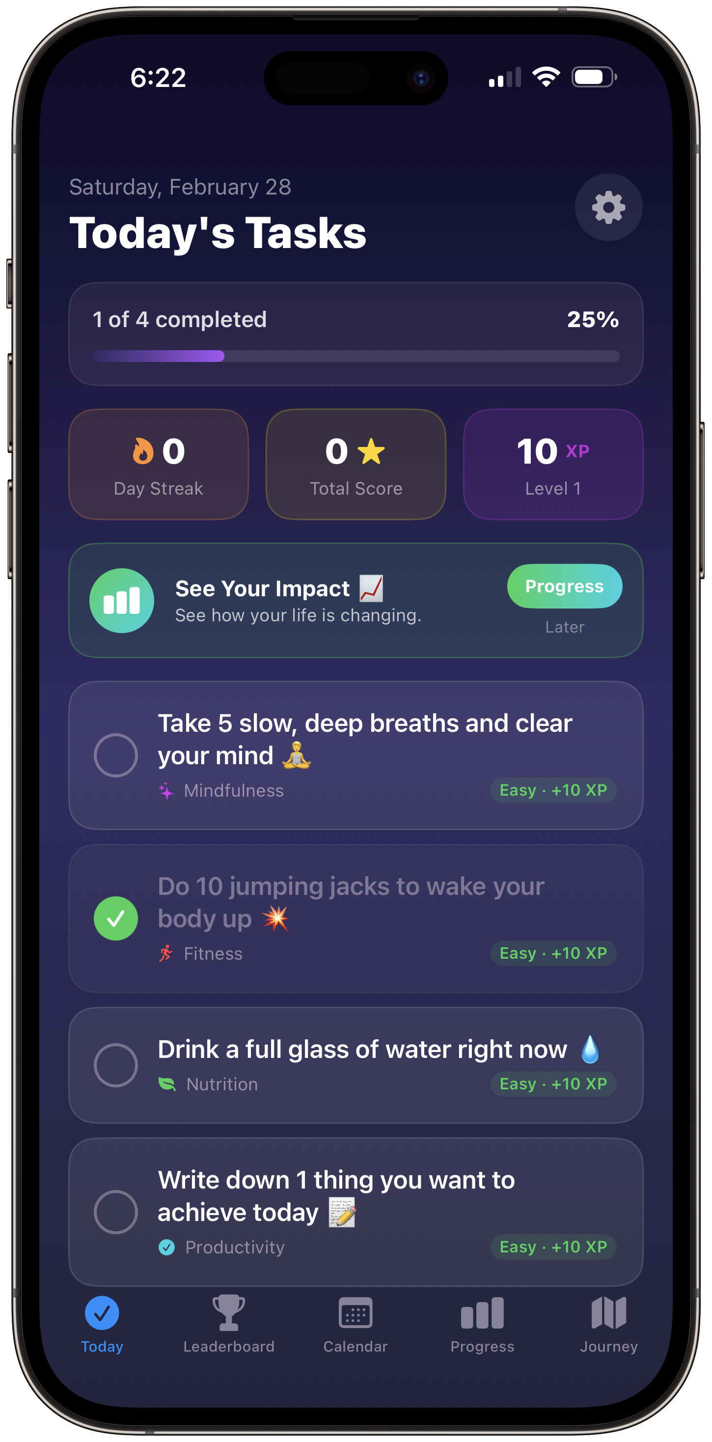 Daily Tasks screen